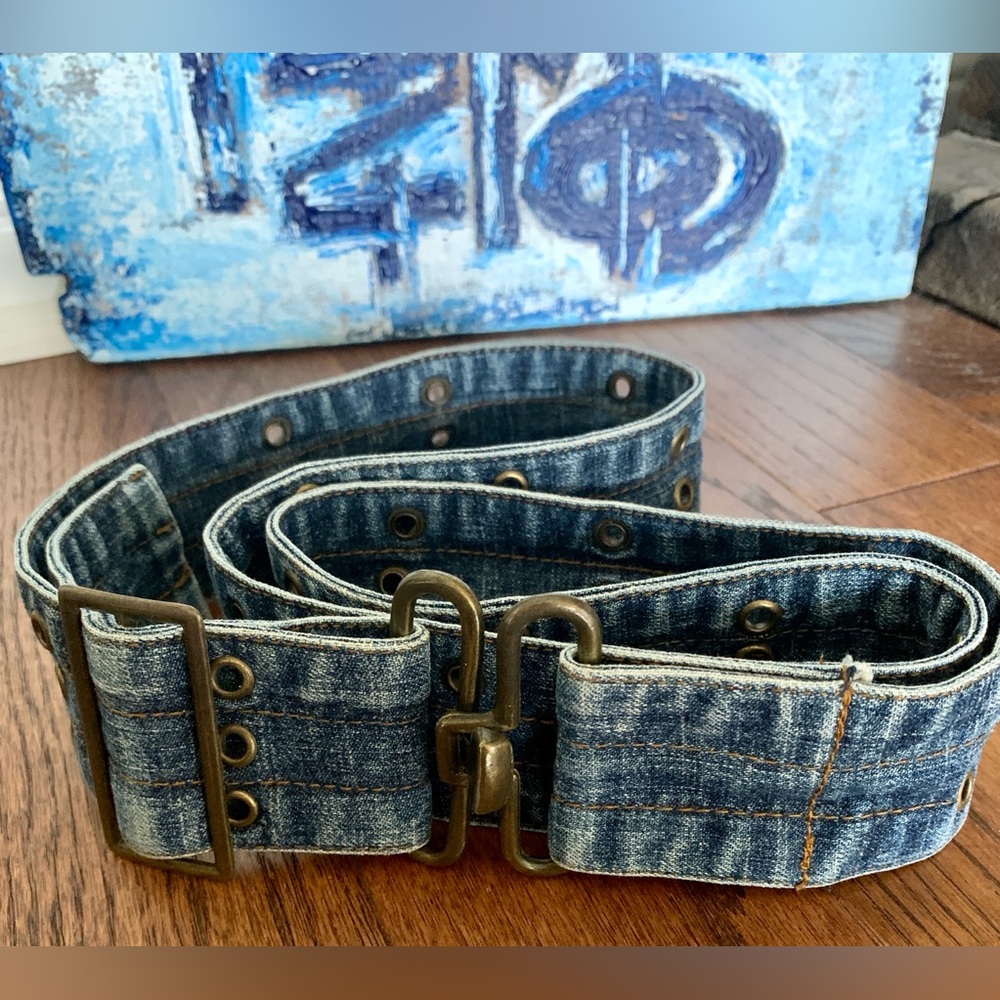 Vintage Faded Blue Jean Denim Belt Grommets Contrast Stitch Fully Adjustable
